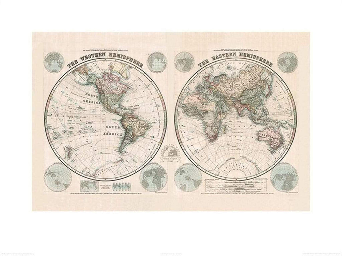 Affiche Art Stanfords - Eastern and Western Hemispheres Map 1877 60x80cm