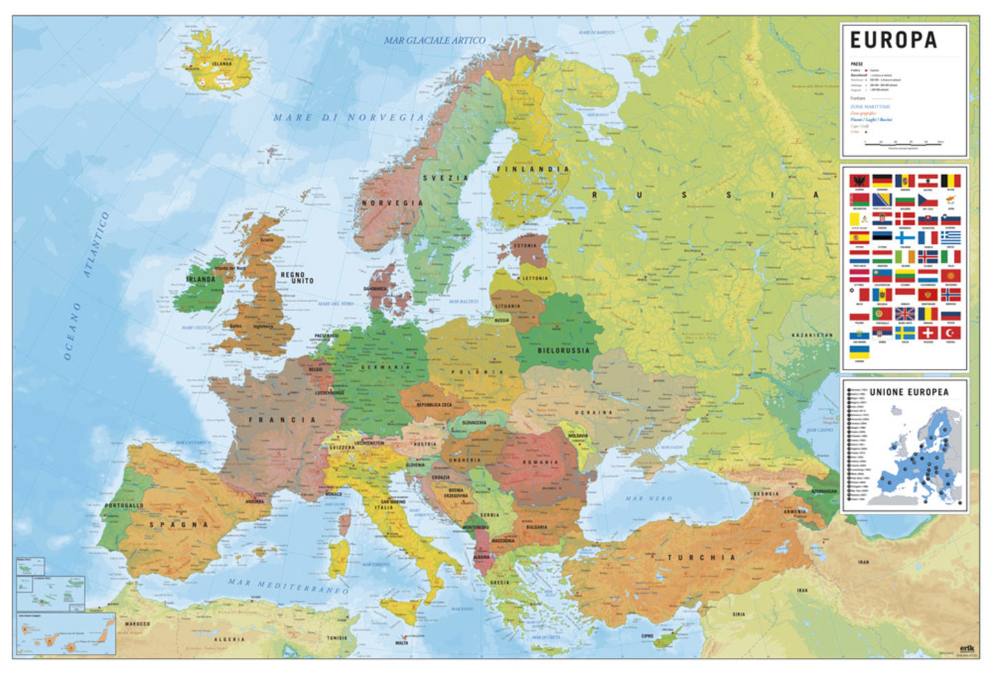 Poster Map of Europe - Physical Politic - Italien - 91,5x61cm