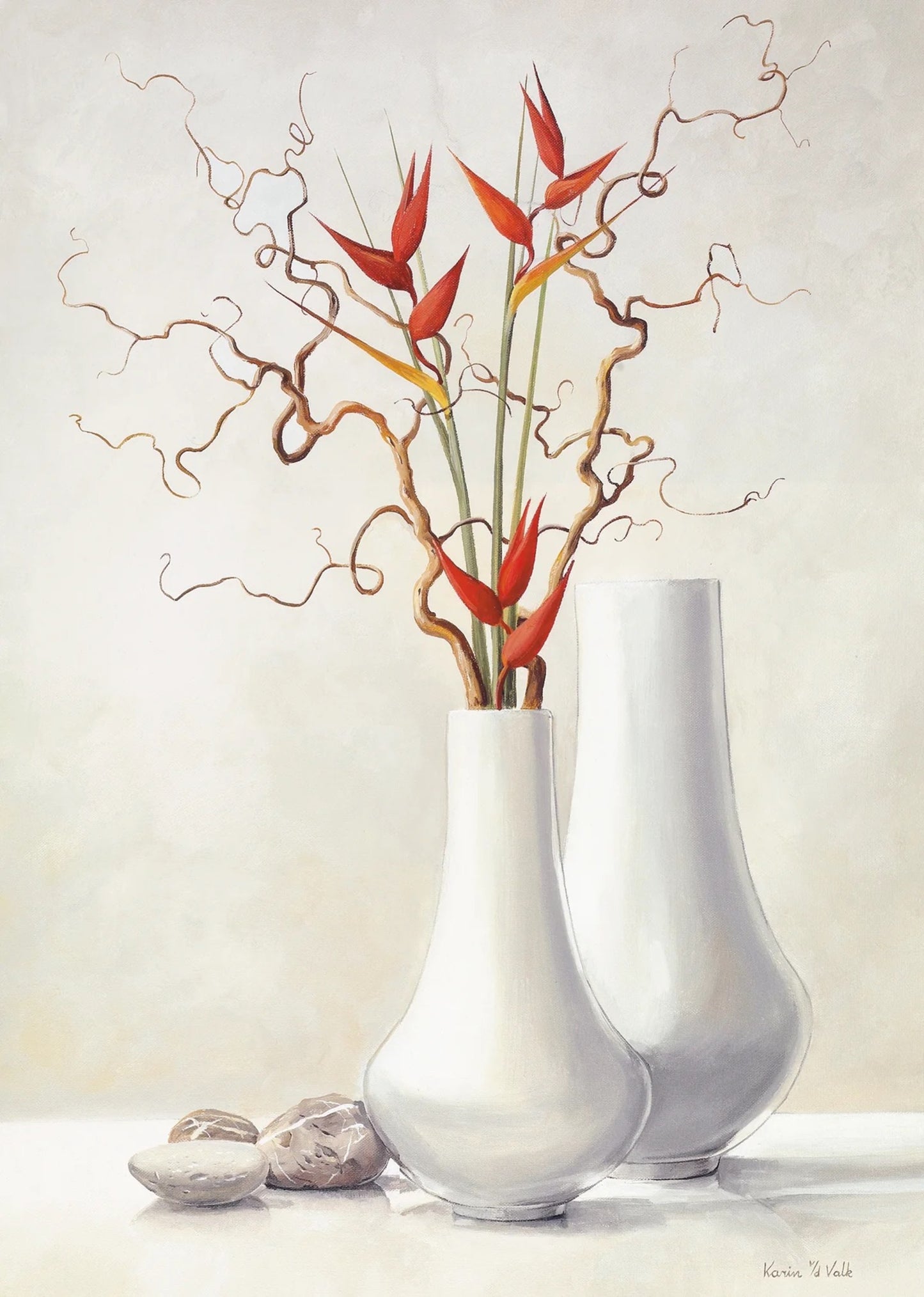 Affiche Art Karin Van der Valk - Willow Twigs with Red Flowers 30x40cm
