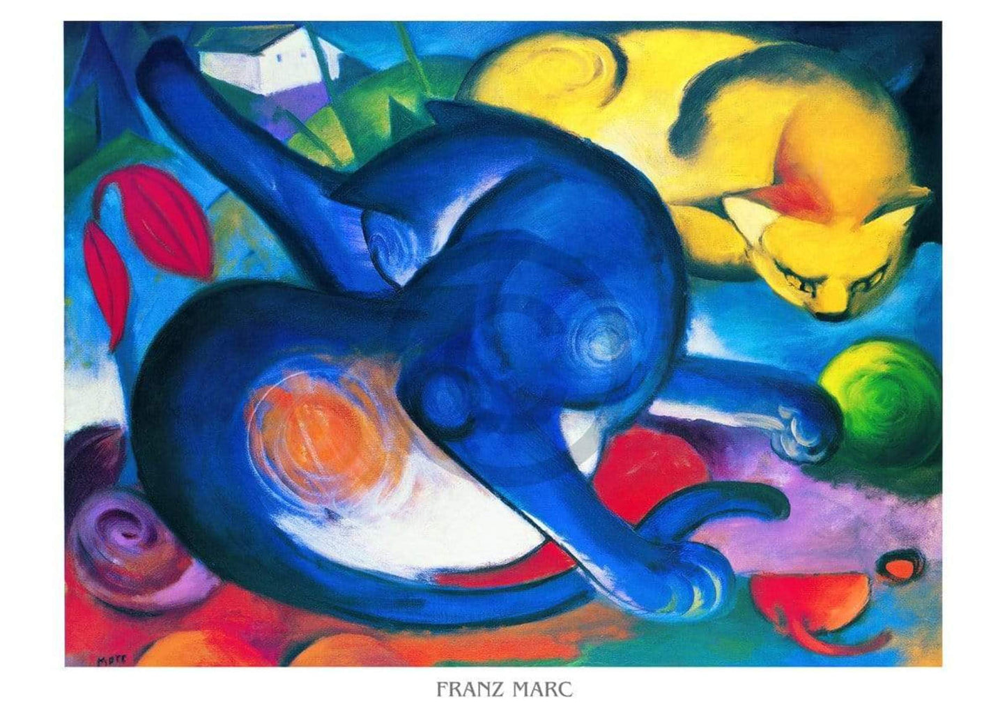 Affiche Art Franz Marc - Zwei Katzen blau und gelb 70x50cm