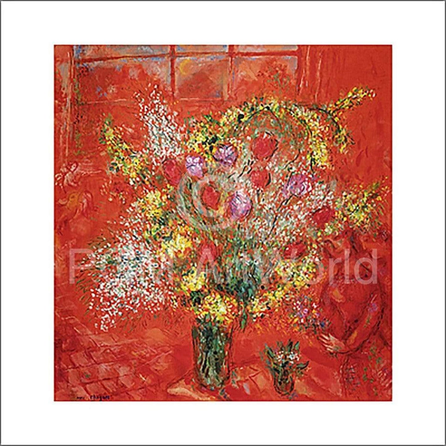 Affiche Art Marc Chagall - Fleurs sur fond rouge 70x70cm