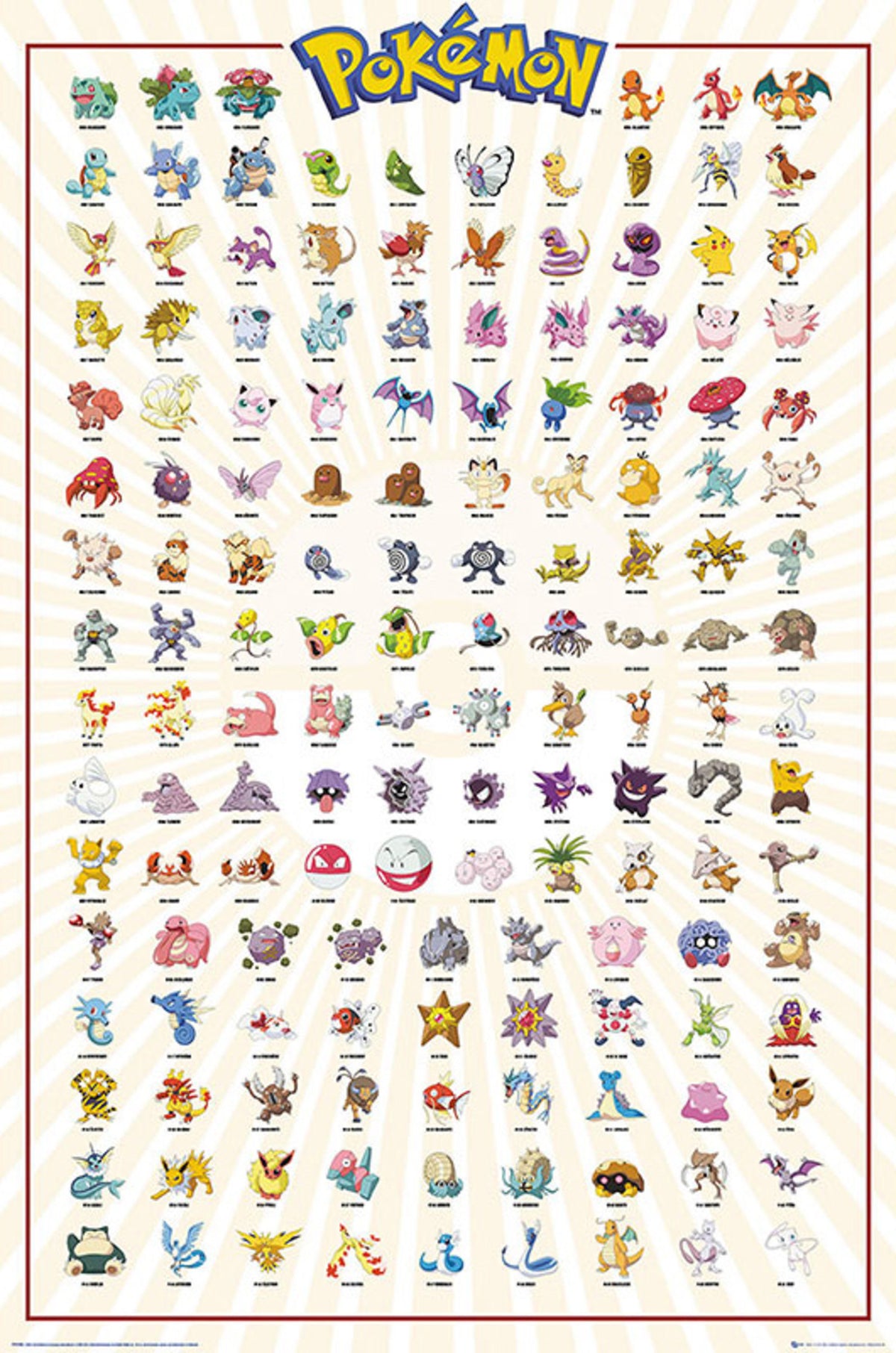 Poster Pokémon Kanto 151 – Noms français – 61x91,5 cm