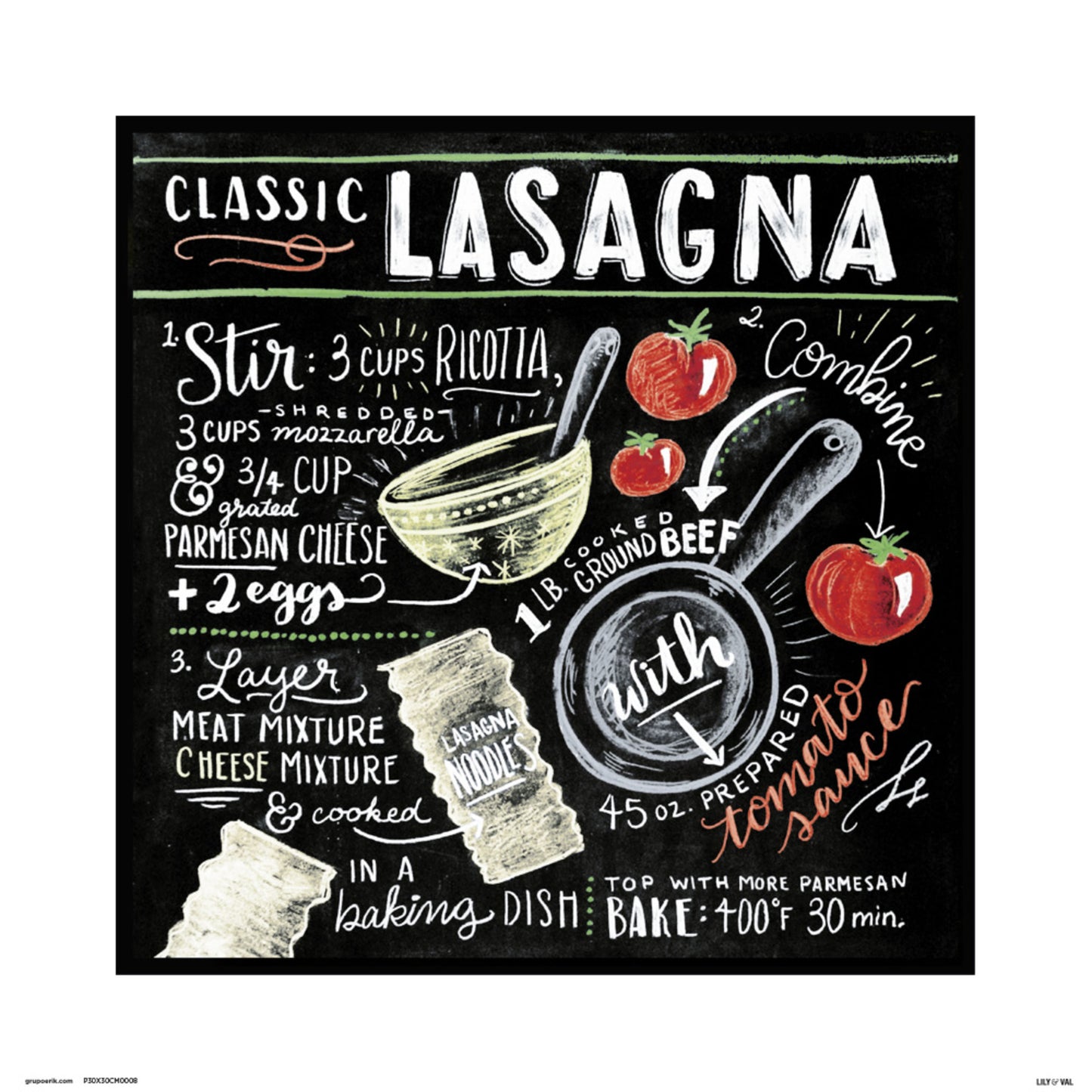 Affiche Art Lily And Val Classic Lasagna 30x30cm